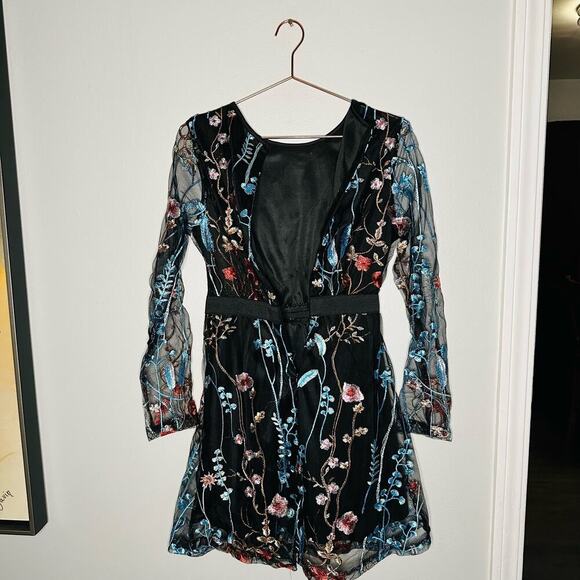 Unbranded Women's Black Long Sleeve Mesh Embroidered A-Line Mini Dress Size S - Picture 6 of 9